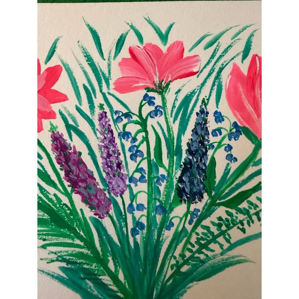 Hand painted gouache original painting flowers bouquet pink purple blue green